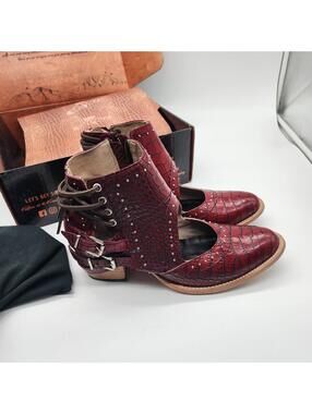 Freebird by Steven Red Snake Embossed Leather Cutout Booties Buckle Lace Up 11